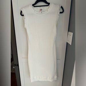 NWOT White Knit Dress. Distressed/frayed neckline and hem. Sleeveless